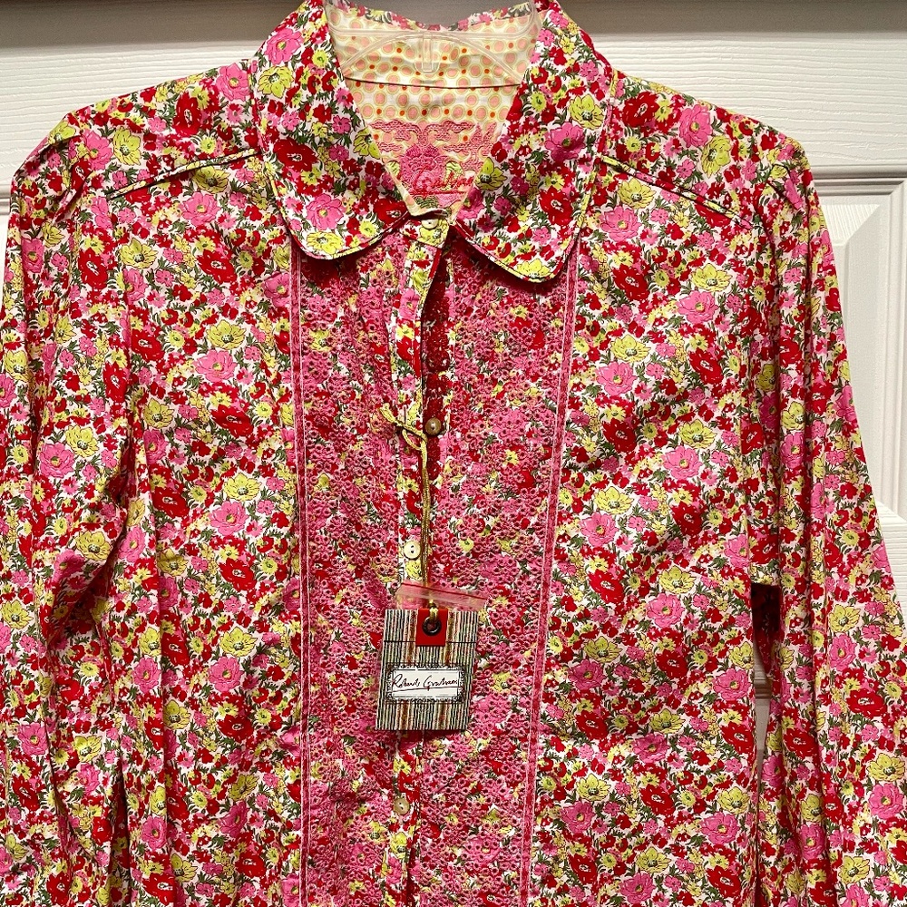 ROBERT GRAHAM Women's BLOOM Button Down Shirt, 3/4 Sleeves - Size M - Pink